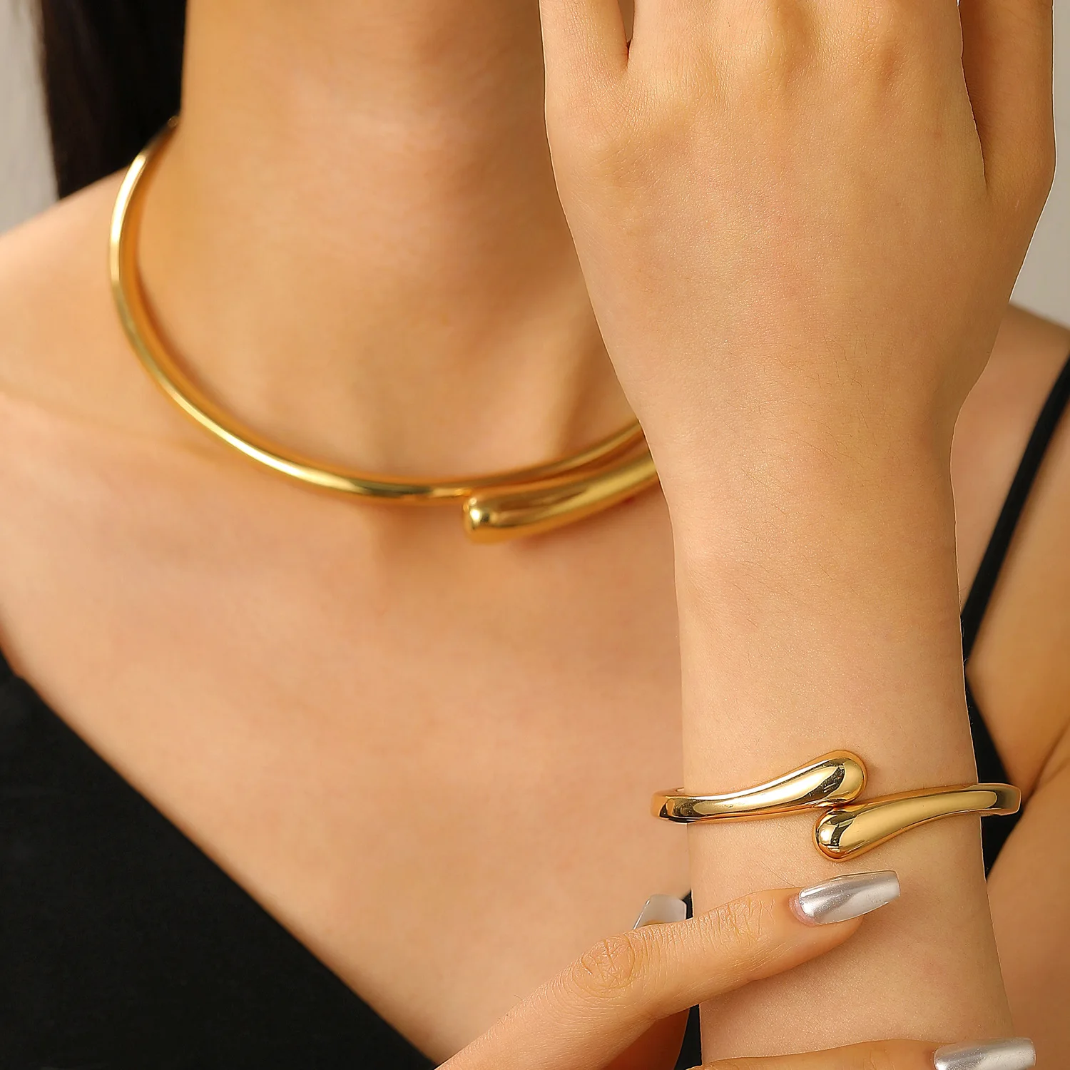 DIEZI Retro Vintage Water Drop Choker Necklace Bangle Ring Set For Women Punk Geometric Gold Color Metal Bangles Jewelry Set