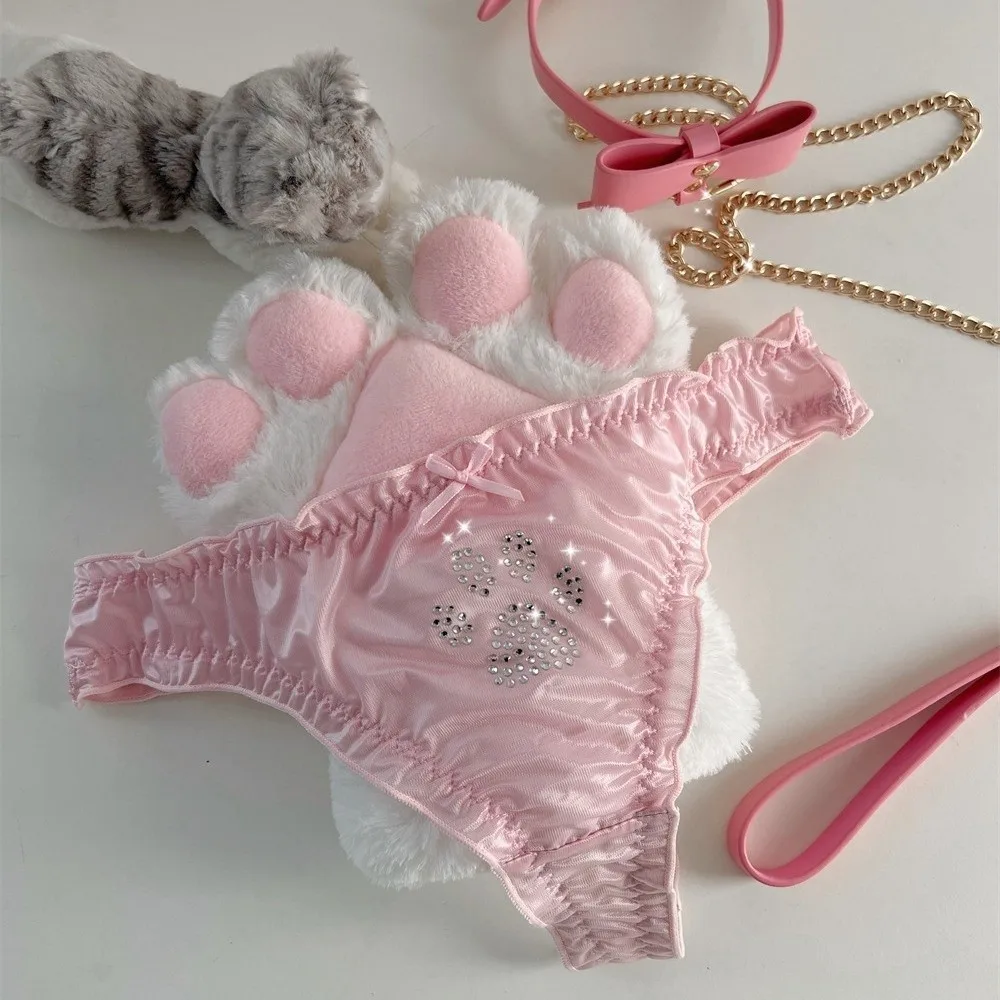 Fashion Lolita Cat Paw Panties Kawaii Cotton Crotch Rhinestone Thongs Underwear Comfortable Sweet Ruffle Briefs Girl