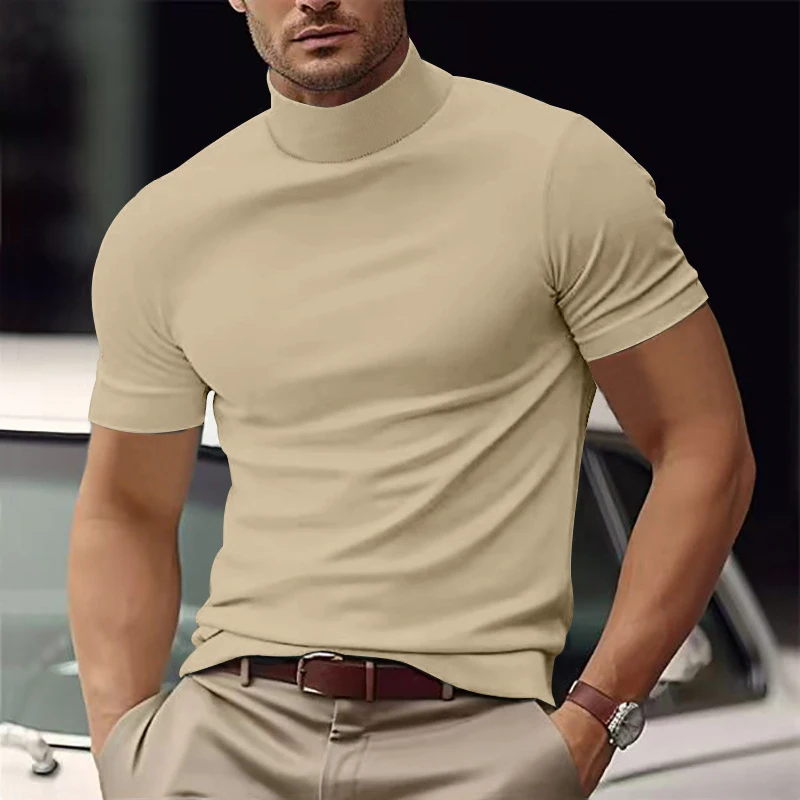 

New Men's Pullover Solid Color Half High Collar Short Sleeve T Shirts Fashion Male Clothes Simplicity Handsome Slim T-shirt Tops