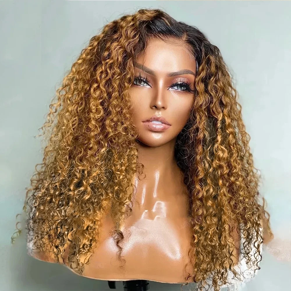 Peluca con malla frontal Natural de 26 pulgadas para mujer, pelo largo rizado, ombré, marrón, Rubio, densidad de 180, sin pegamento, sintético, prearrancado para uso diario