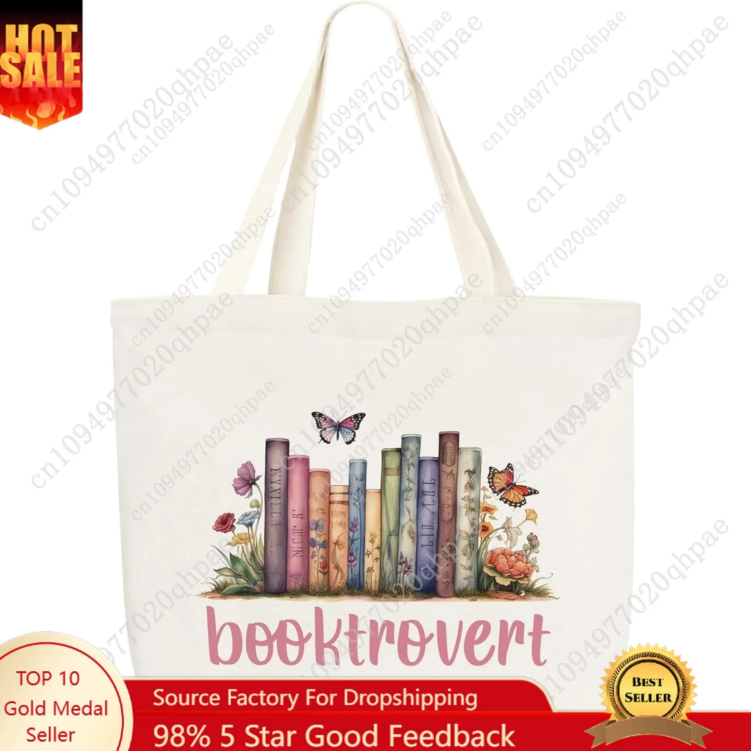 

Canvas Tote Bag, Book Tote, Reusable Grocery Shopping Bag, Library Shoulder Bag, Medium, Butterfly Design, Women's Gift