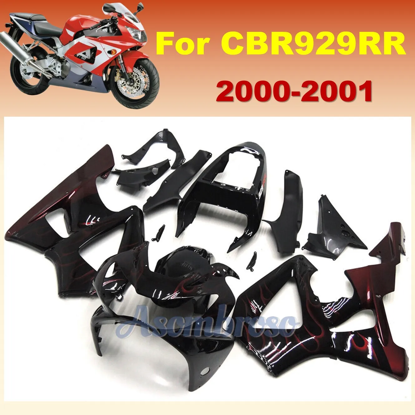 

High Quality ABS Injection Motorcycle Fairings Kit Fit For CBR929RR 2000 2001 CBR900 00 01 Red Flame Bodywork Set