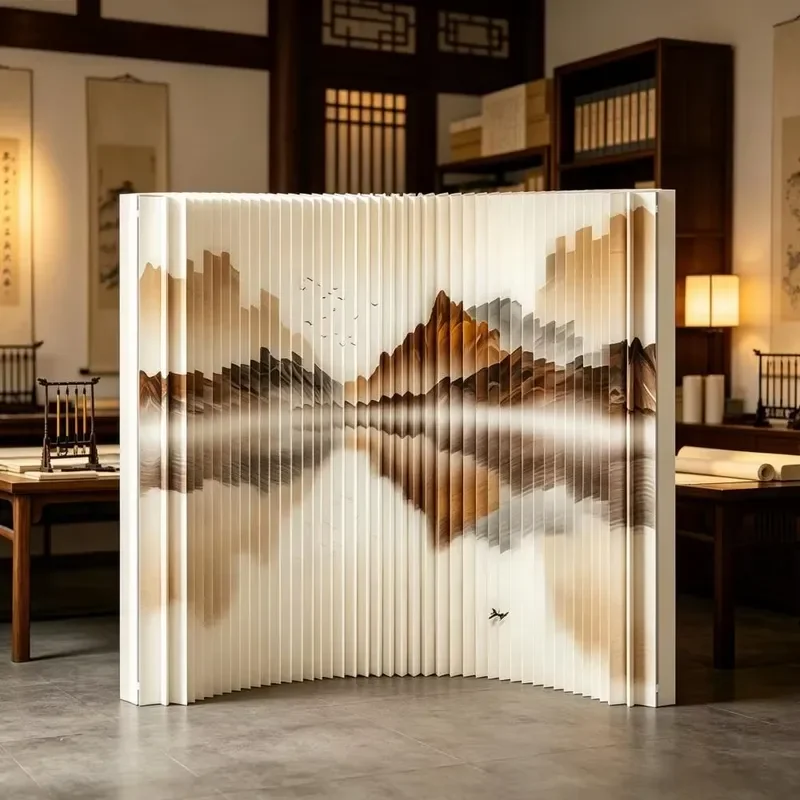 M991 Chinese Ink Painting Print Folding Room Divider Custom Color Paper Accordion Partition Screen Home Room Office Decor