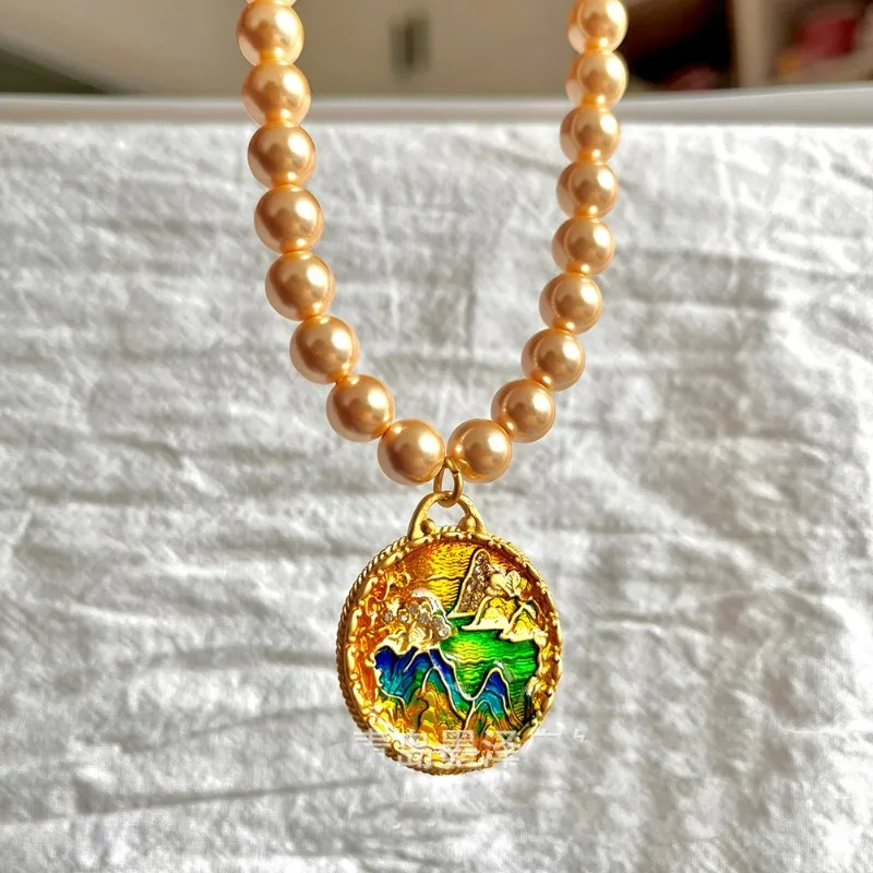 

Fashion Trendy Double-sided Enamel Pendant Yellow Glass Pearl Strand Chain Necklace Versatile Jewelry Autumn Winter Classic