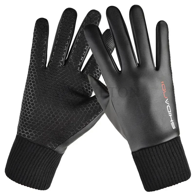 Guantes de invierno para hombre, impermeables, a prueba de viento, de cuero PU, cálidos, para deportes al aire libre, para montar, pantalla táctil, dedos completos, guantes de pesca