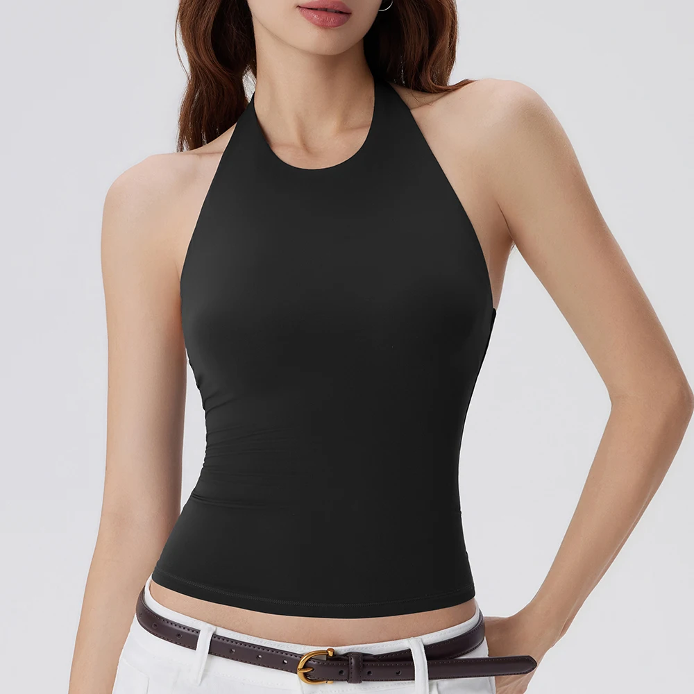 Damen Neckholder-Crop-Tanktop, ärmellos, hoher Kragen, rückenfrei, schmal geschnitten, einfarbig, gestricktes Camisole, Sommer, Casual, Basic, Y2K-Top, Weste – Detail 12