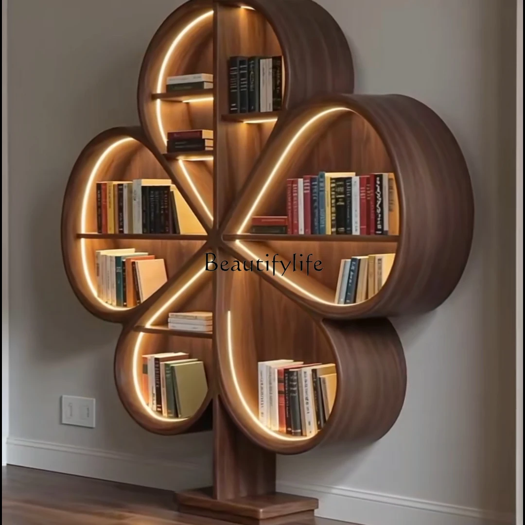 

North American black walnut special-shaped petal bookshelf modern high-end solid wood wall-mounted bookcase shelf