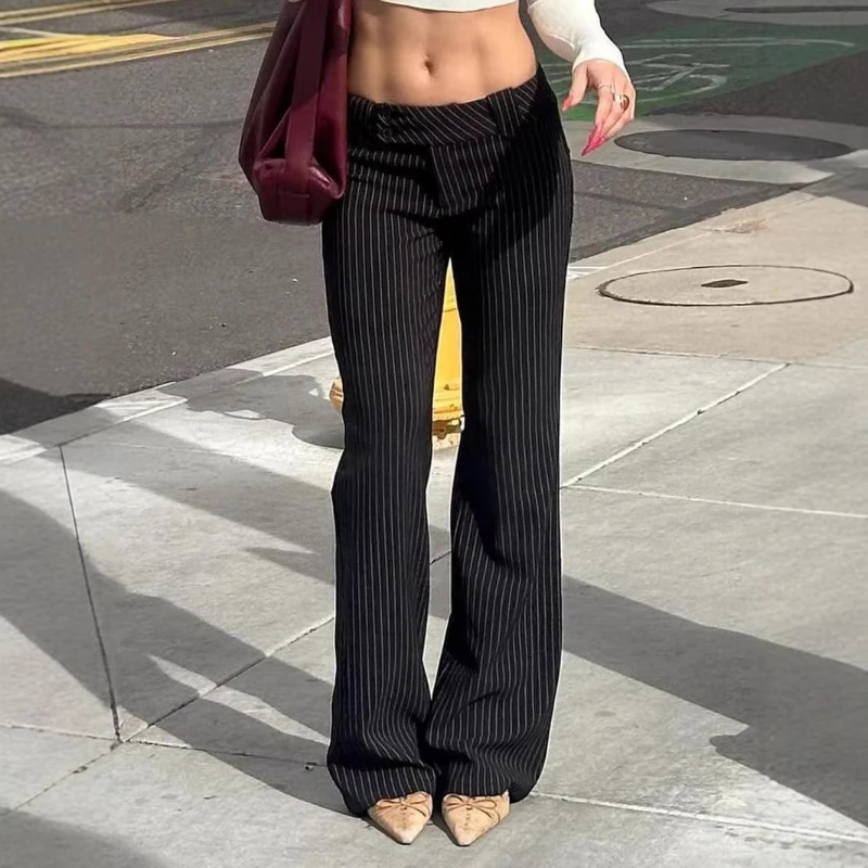 HOUZHOU Vintage Gestreifte Bootcut-Hose für Damen, Harajuku, Schwarz, Spicy Girl-Hose, modische, schmale, gerade Hose für den Alltag, Streetwear