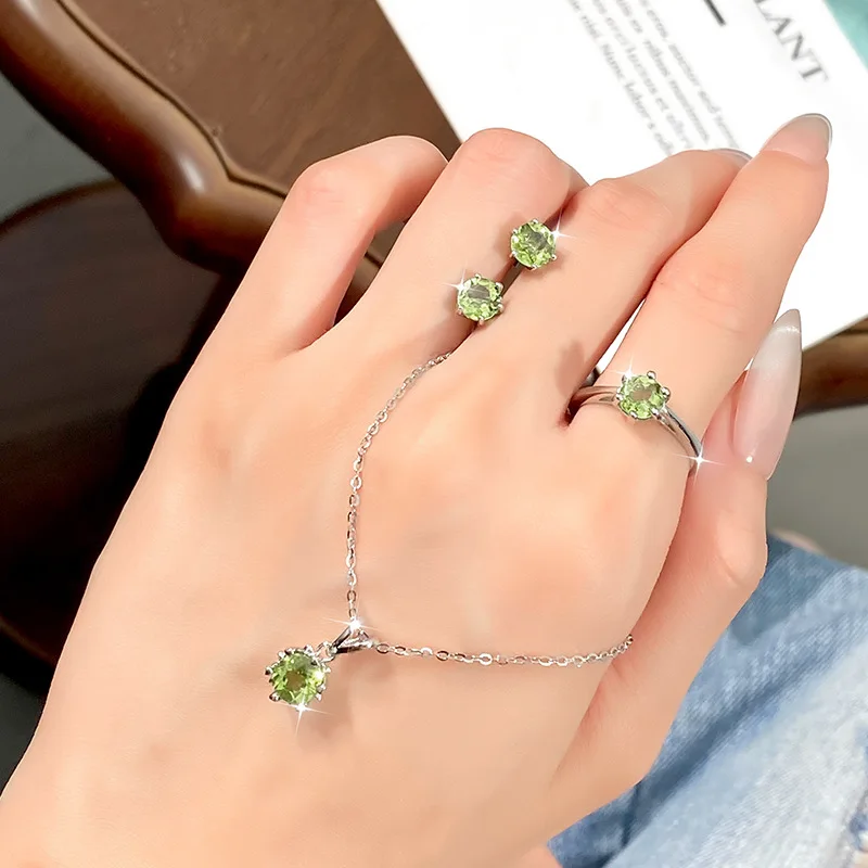 Luxury S925 Sterling Silver Jewelry Set For Women 6 Prong Natural Gemstone Necklace Stud Earrings Ring 5 Optional Stone Variants