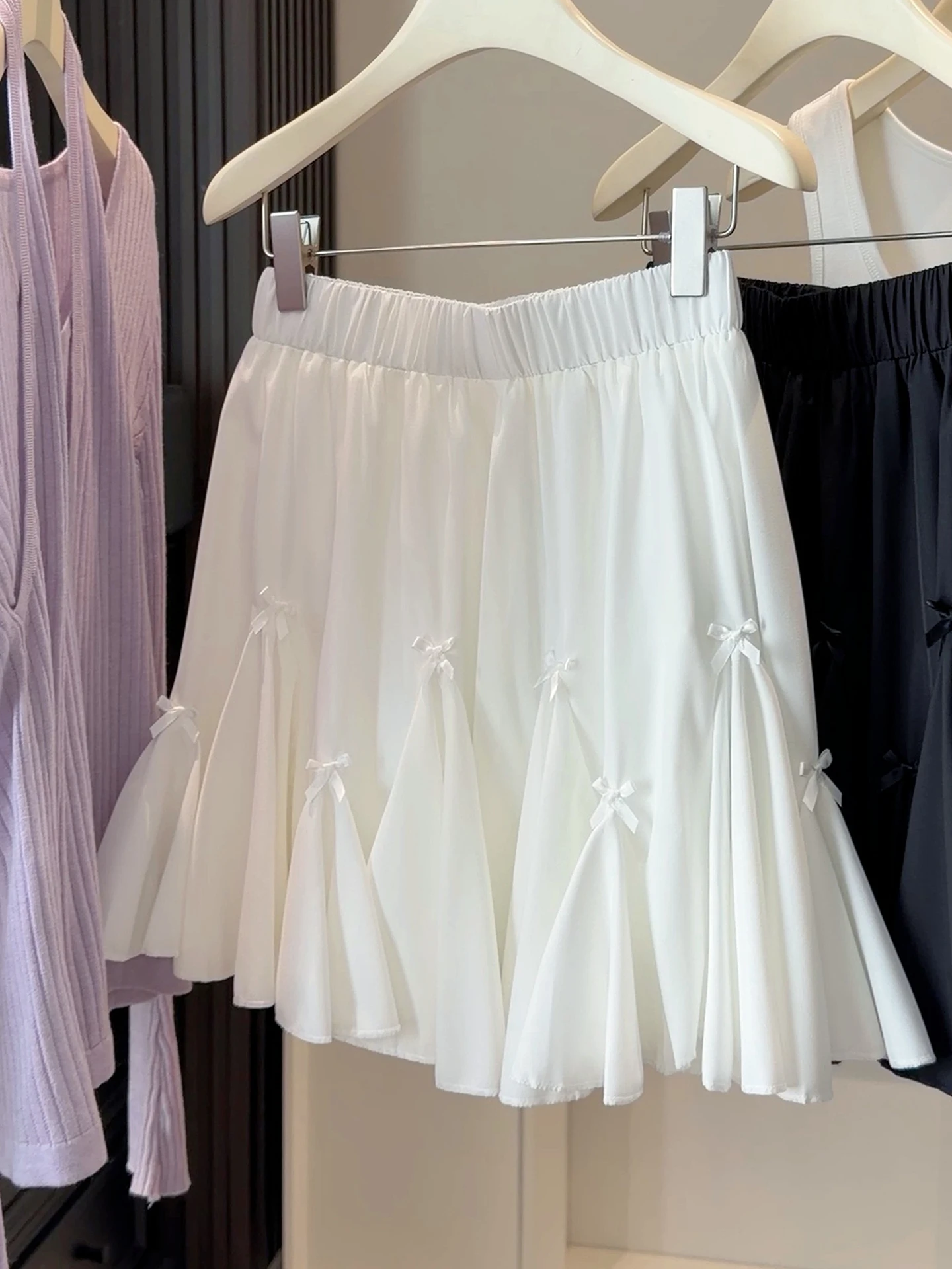 バレエスタイル白い花柄aラインふわふわミニスカート女性春夏新作蝶結びハイウエストポリエステル繊維スカート