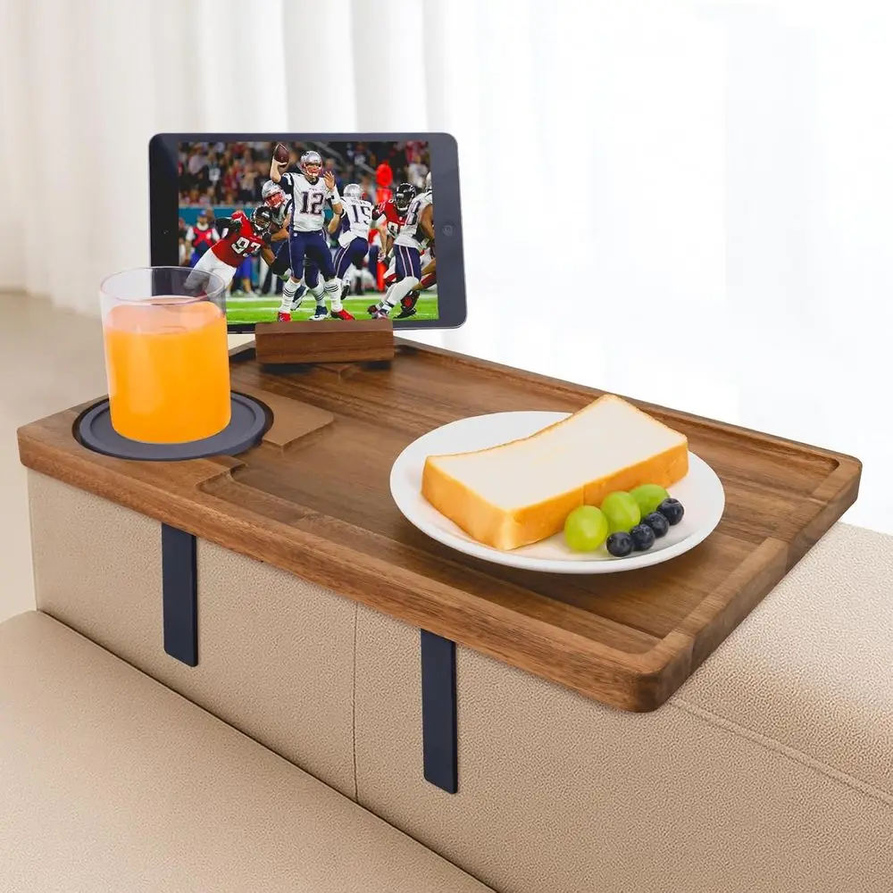 

Couch Armrest Table, Acacia Wood Soa Arm Tray with Adjustable Metal Clamp, Soa TV Tray with Rotating Pe Holder or Snacks Drink R