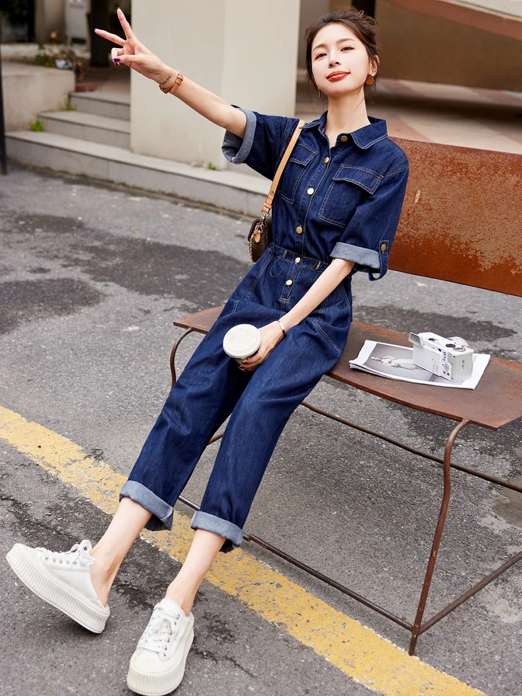 

Женский джинсовый комбинезон для похудения, летний, 2026, новая коллекция, высококачественный модный элегантный цельный костюм, повседневный, с завышенной талией, джинсовый