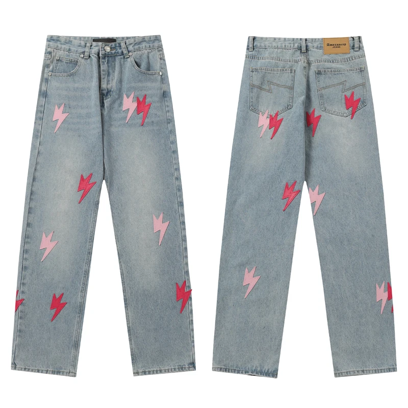 

American Style Retro Red Pink Lightning Jeans Men Women High Street Metal Button Denim Trousers Loose Casual Straight-leg Pants