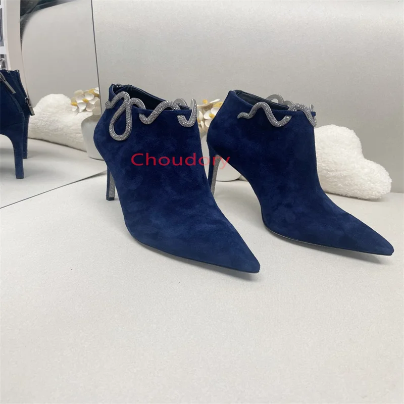 Genuine Leather Snake Wrap  Stiletto Ankle Boots Woman Winter 2023 Spring Black Blue Suede Pointed Toe Thin High Heel Shoes