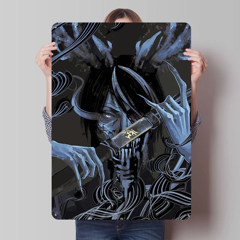 Demonic Figure With Katana Printing Poster Customized Retro Wall Art Vintage Metal Signs for Mancave Gaming Room Decoration Cozy