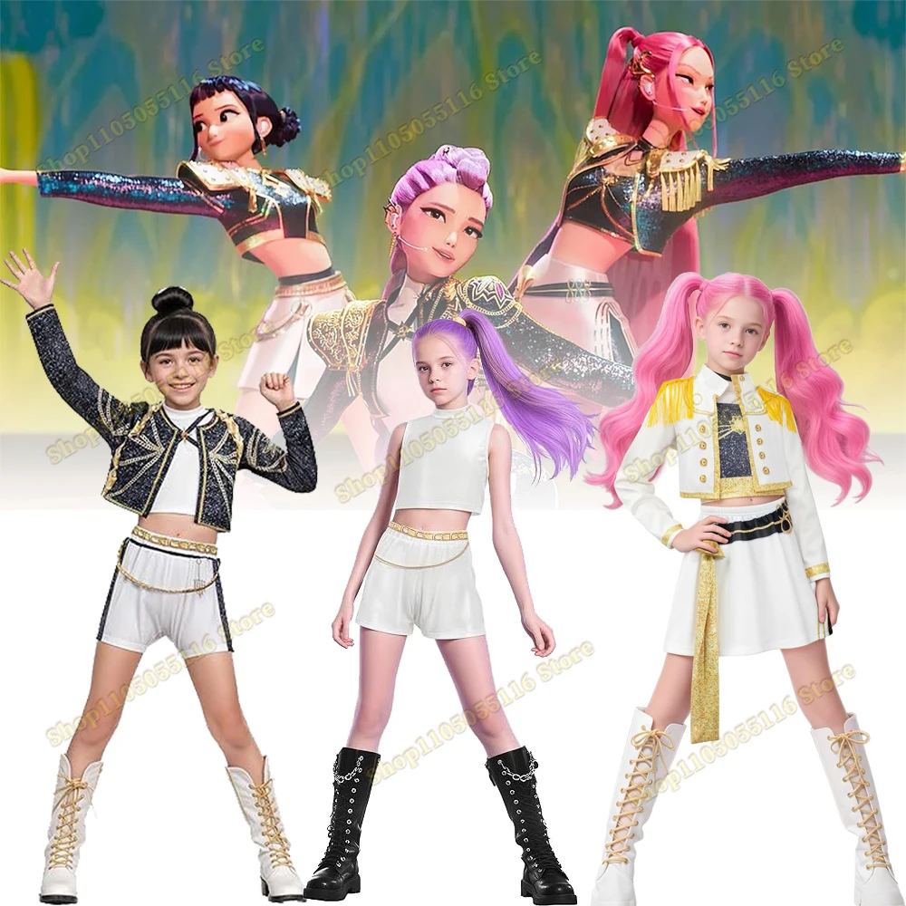 

Zoey Kpop Cosplay Costume Black Gold Demons Boots Hunter Fantasy Disguise Kids Halloween Carnival Party Clothing