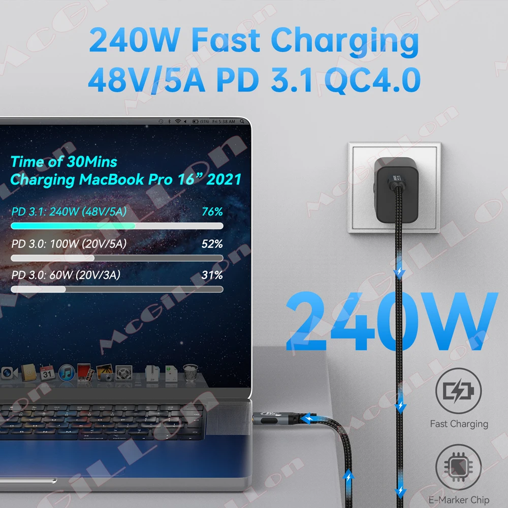 16K 120Gbps Type C Cable 80Gbps 240W For Thunderbolt 5 Full-Featured Fast Charging Cable Thunderbolt4/3 USB C to C Data Transfer