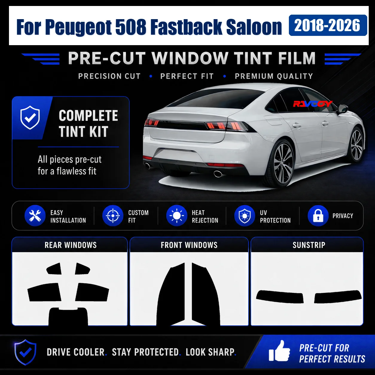 For Peugeot 508 Fastback Saloon 2018-2026 Sun Shade Film Premium Front Window Rear Window Vehicle Sun Shade