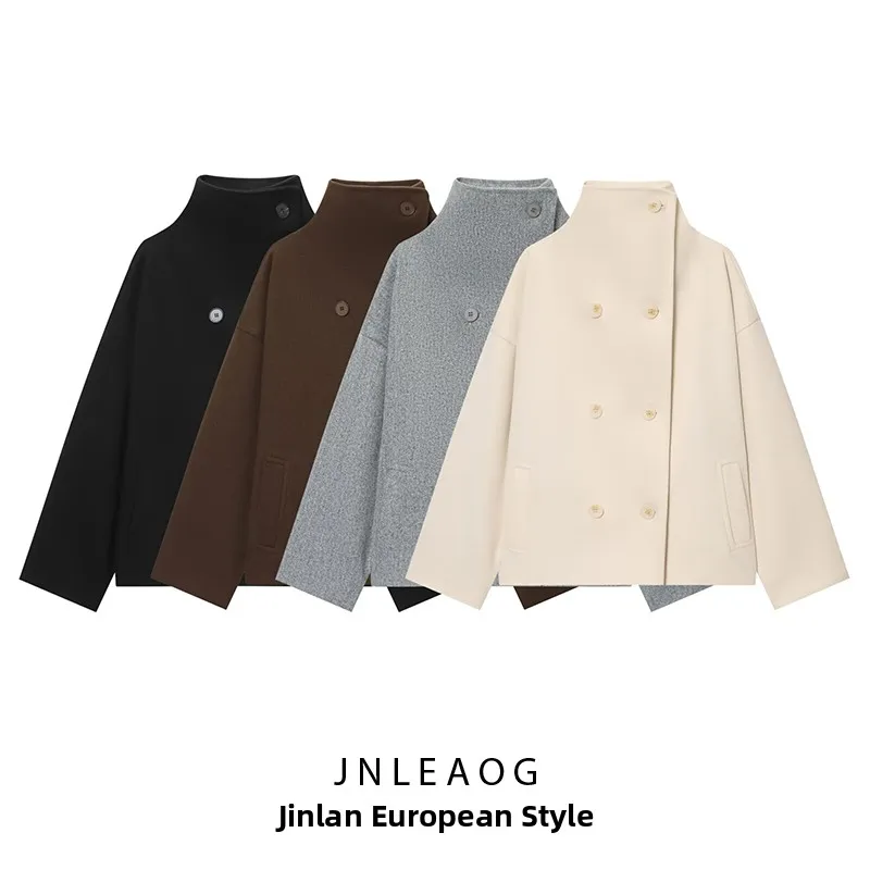 JNLEAOG Women's Fashionable Loose High Collar Button up Knit Top Autumn New Style Versatile Long Sleeve Polyester Coat