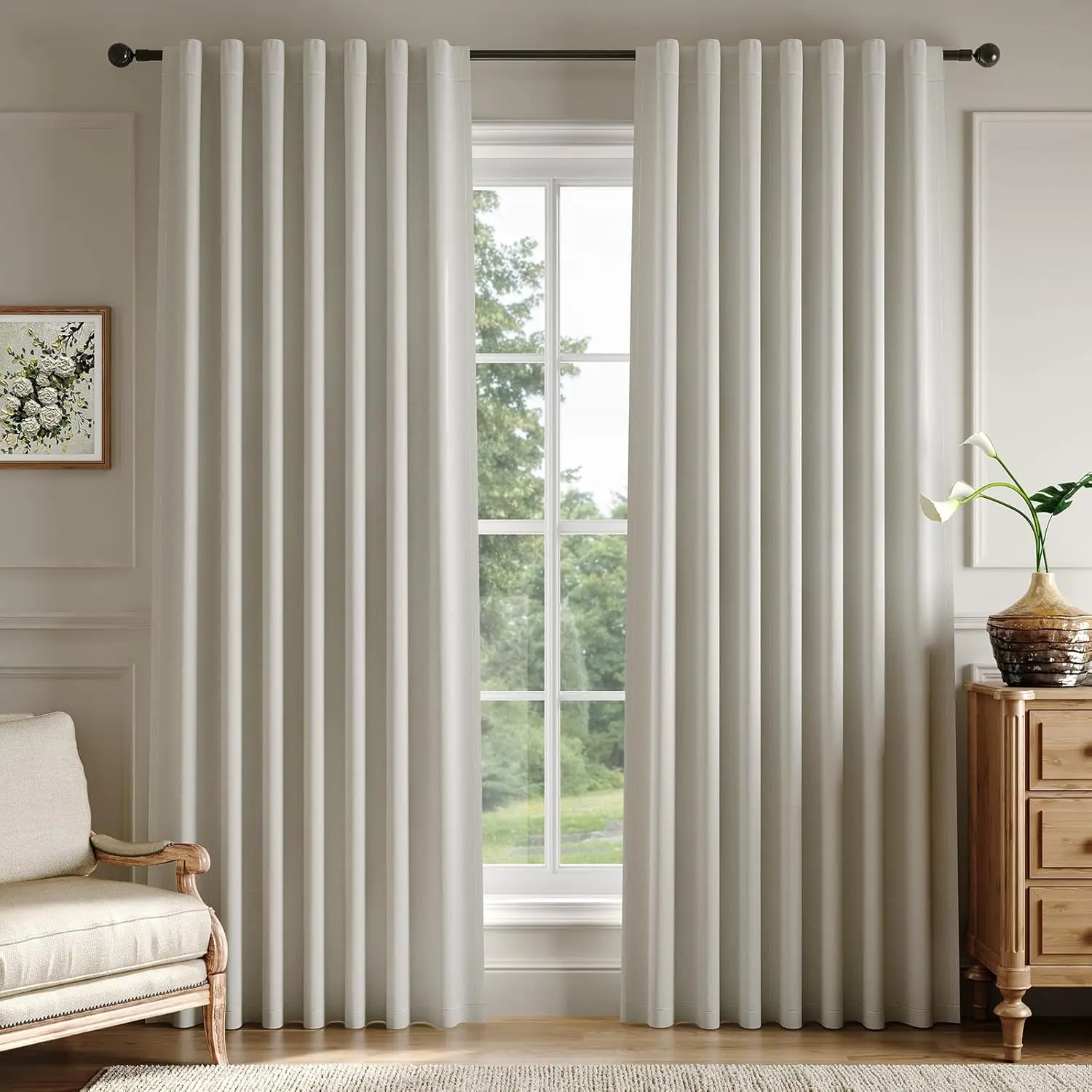 

100% Blackout Linen Textured Curtains 108 Inch Length 2 Panels Set For Living Room, Faux Linen Full Light Blocking Room