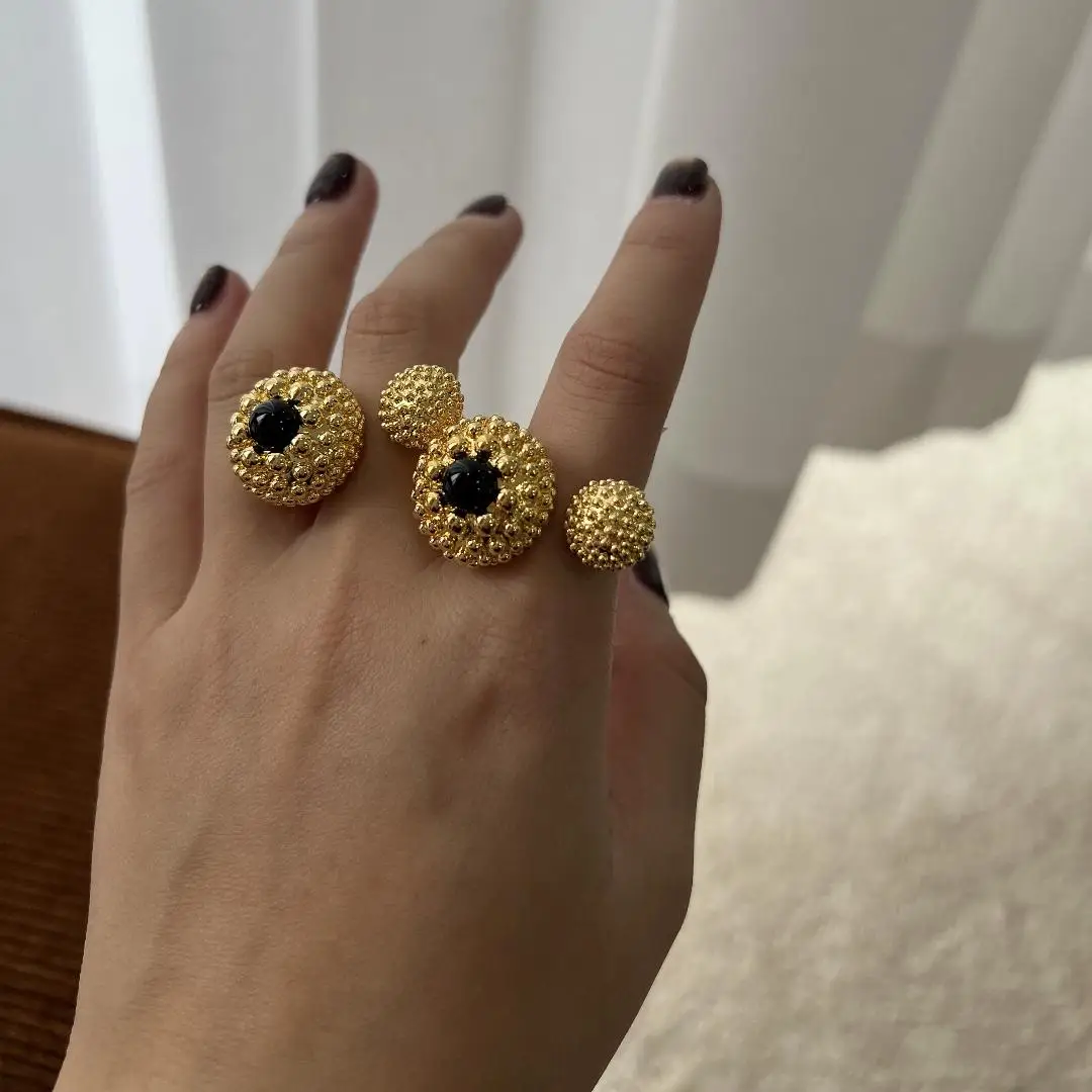 Brass With 18K Statement Double Ball Black Jade Rings Women Jewelry Designer T Show Runway Gown Rare INS Japan Korean Trendy