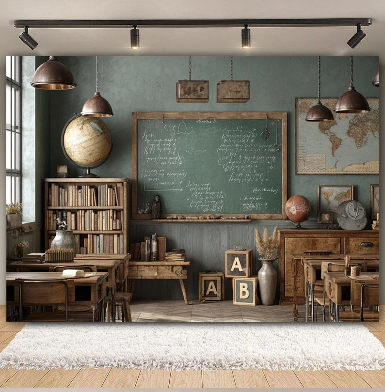 Welcome Back to School Backdrop Library Bookshelf Book Globe ABC Classroom Blackboard Children Portrait Photography Background