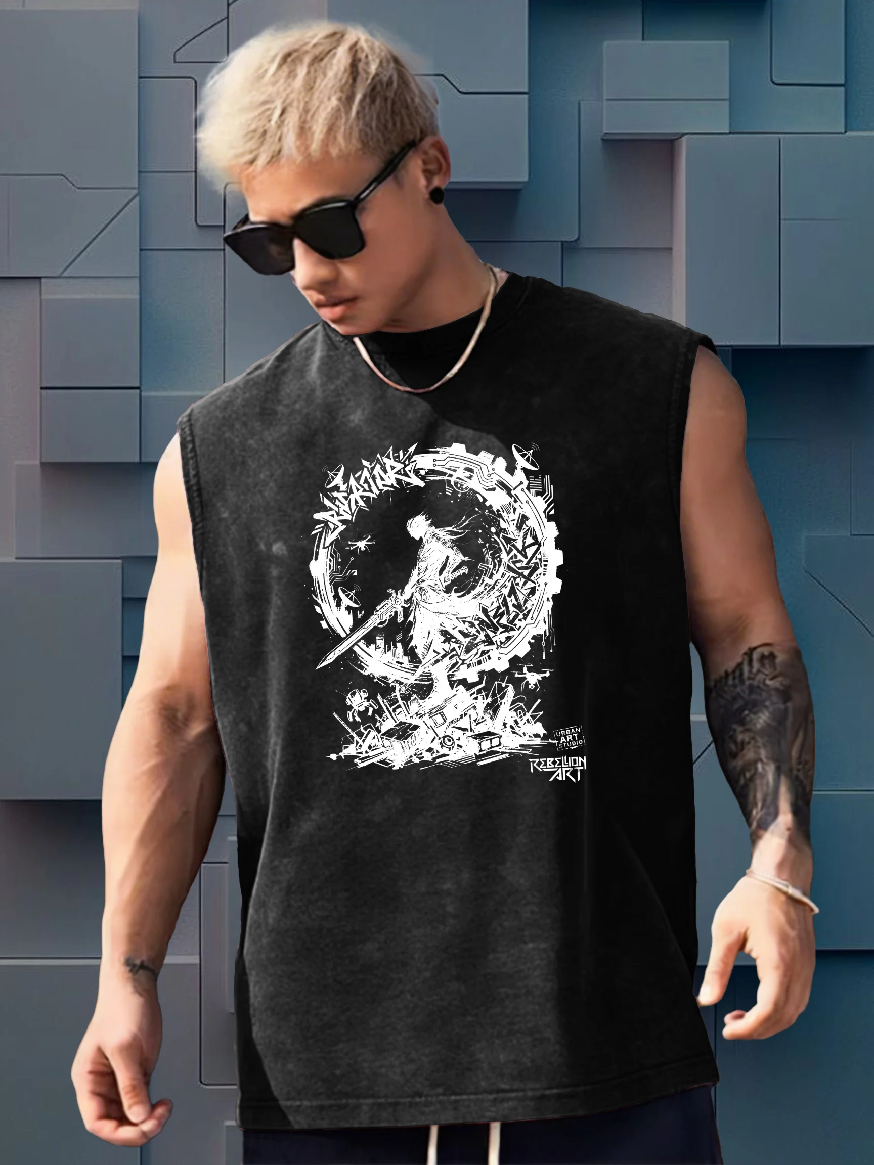 Cyberpunk Style Sleeveless T-shirt for Male Rebel Warriors, Gear Mechanical Print Loose Cotton Vest