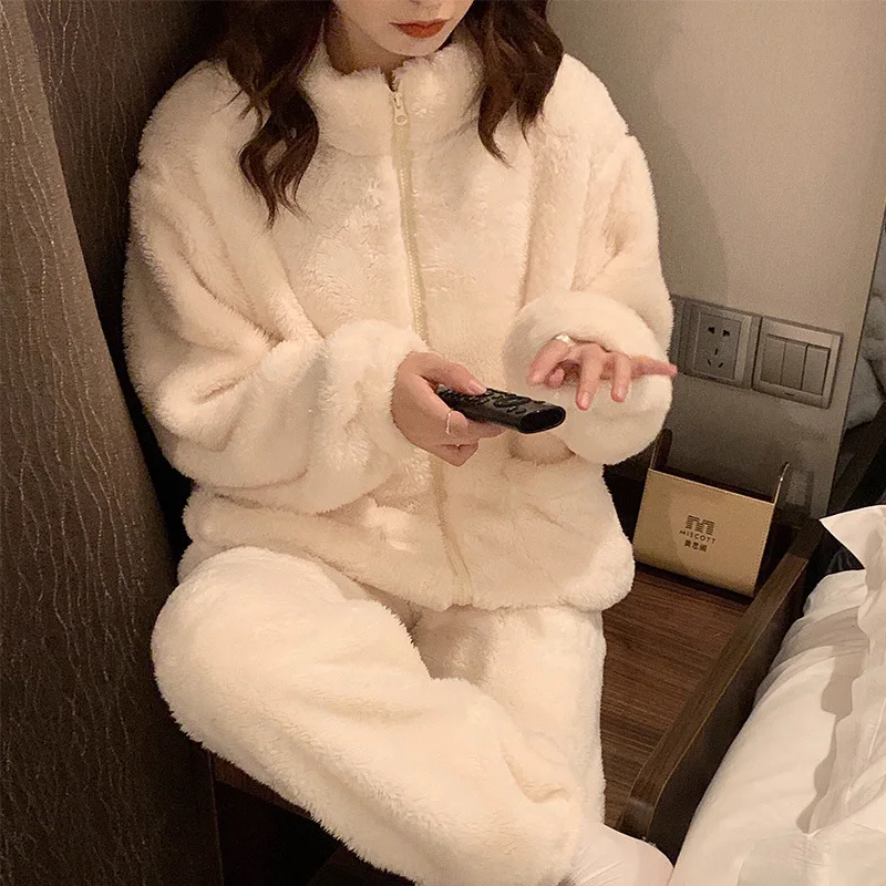 Korean Winter Pajamas For Women Plush Stand Collar Thickened Zipper Home Clothing Flannel Warm Sleepwear Set Pijama Mujer