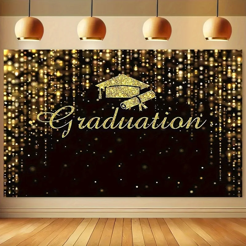 VIKAMA Black Gold Graduation Backdrop, Sparkling Glitter Backdrop for Party, Garden Party Decor, Photo Booth Background