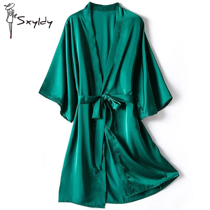 Women\'s Solid Robe Gown Satin Sexy V-Neck Sleep Dress Kimono Pajamas Night-Robe Spring Summer Nightgown Female Lounge Home Dress