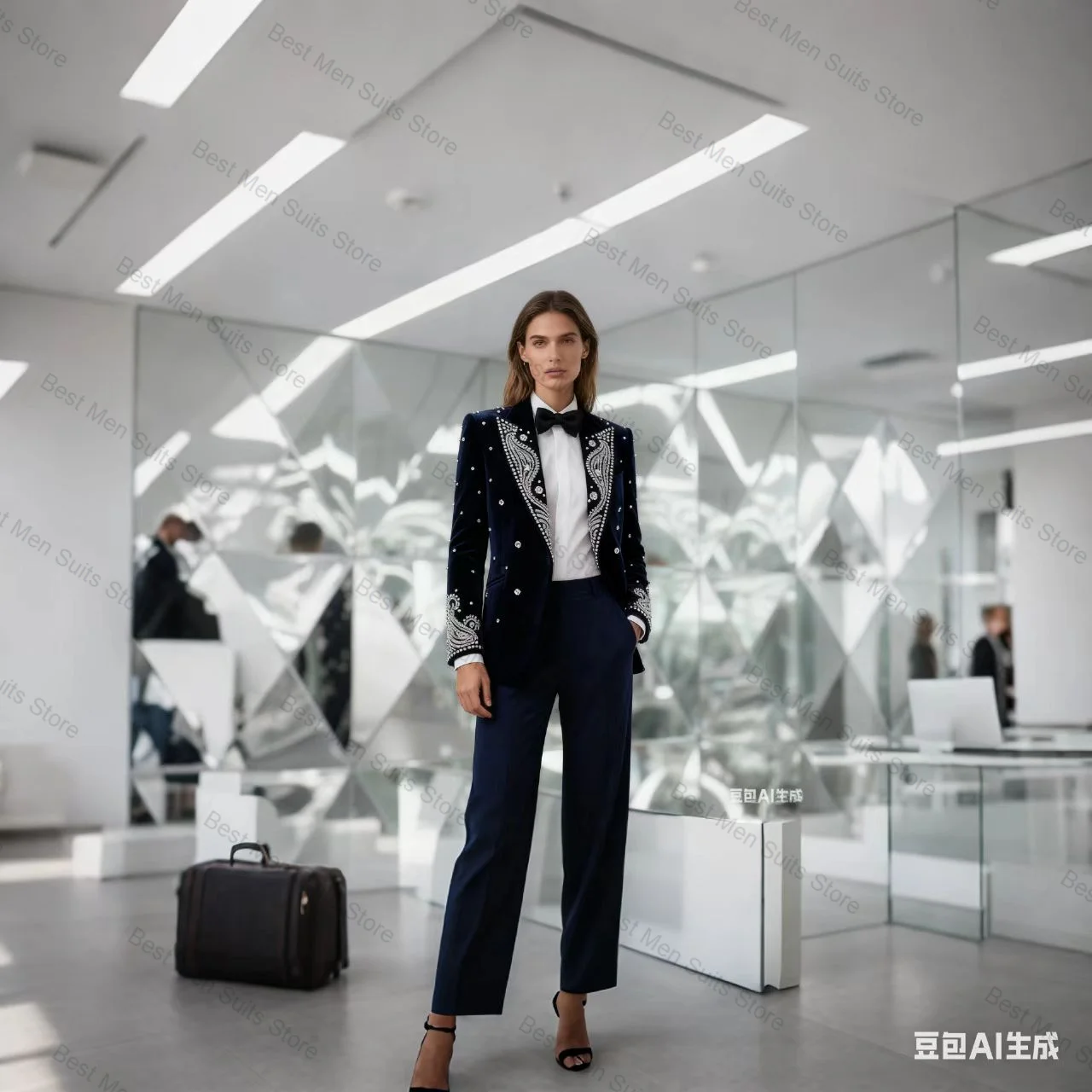 

Black Crystals Women Suit Set 2 Pcs Blazer+Pants Trousers Cotton Autumn Formal Office Jacket Customized Wedding Guest Prom Coat