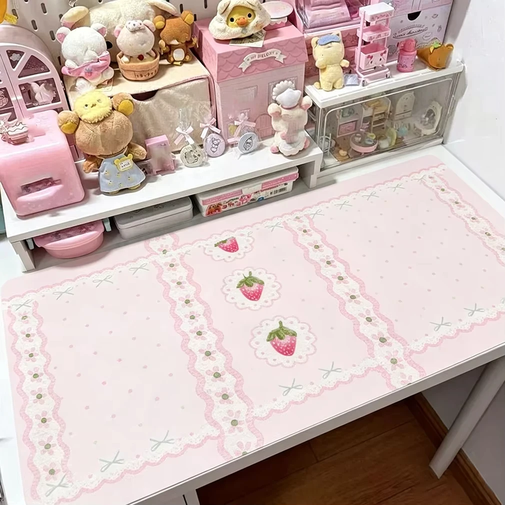 PU Leather Desk Pad Sweet Pink Strawberry Lace Polka Dots Bow Y2K Mouse Pad Office Desk Mat Waterproof Non-Slip Desk Blotter Pad