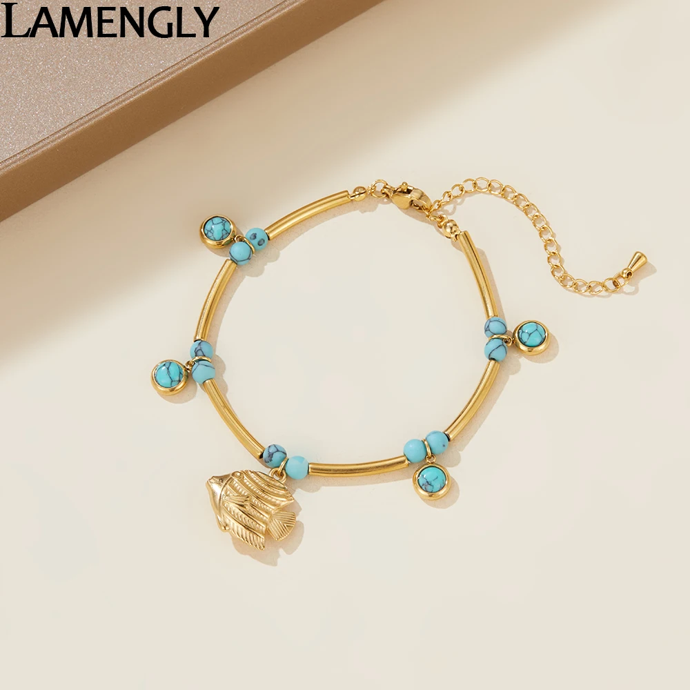 LAMENGLY 316L Stainless Steel Bohemian Style Fish Dolphin Sea Turtle Crab Bracelet For Women Girl Marine Animal Wrist Chain Gift