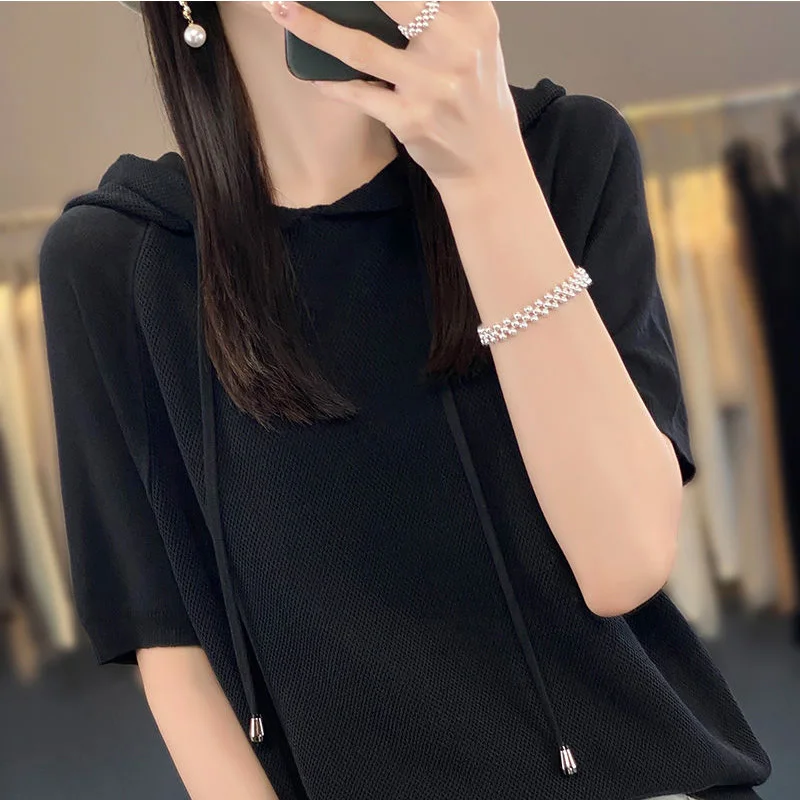 2024 New Summer Elegant Fashion Solid Color Loose Office Lady Hoodie for Women Simplicity Mixed Cotton O Neck Short Sleeve Tops