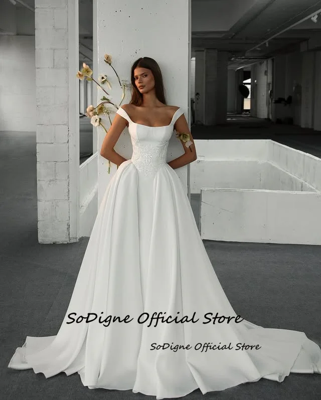 SoDigne A-line Satin Bride Dresses Off Shoulder Lace Appliques Wedding Dress Long Bridal Gowns Vestidos De Novia Customized
