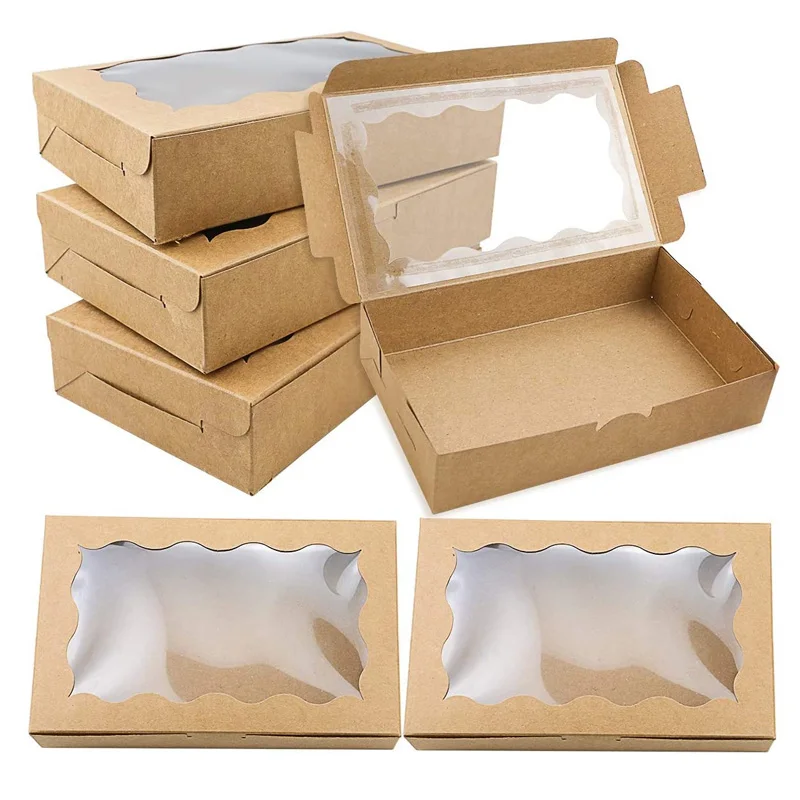 200Pcs White Brown Kraft Cookie Box with Clear Window Premium Small Paper Gift Box Container for Dessert Pastry Candy Packaging