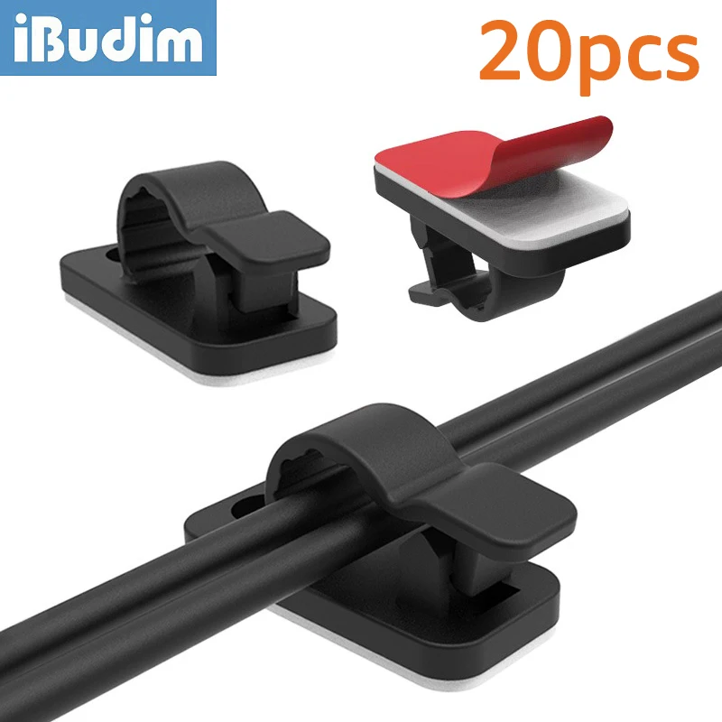 iBudim 20pcs Cable Organizer Clips Wire Winder Holder Earphone Mouse Cord Clip Management Self-Adhesive Hooks Desk Wall Clamp