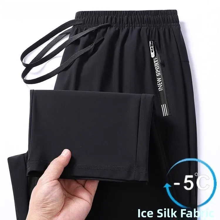 

Thin Ice Silk Casual Work Pants Men's Summer Loose Fit Zipper ket Long Trousers for Working Comfortable Breathable Youth S...