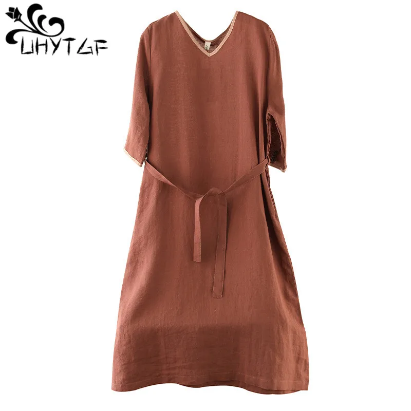 

UHYTGF New Spring Summer Dress Women's Short Sleeve Solid Color Vintage Dresses Female V-Neck Lace-Up Elegant Ladies Clothes 351