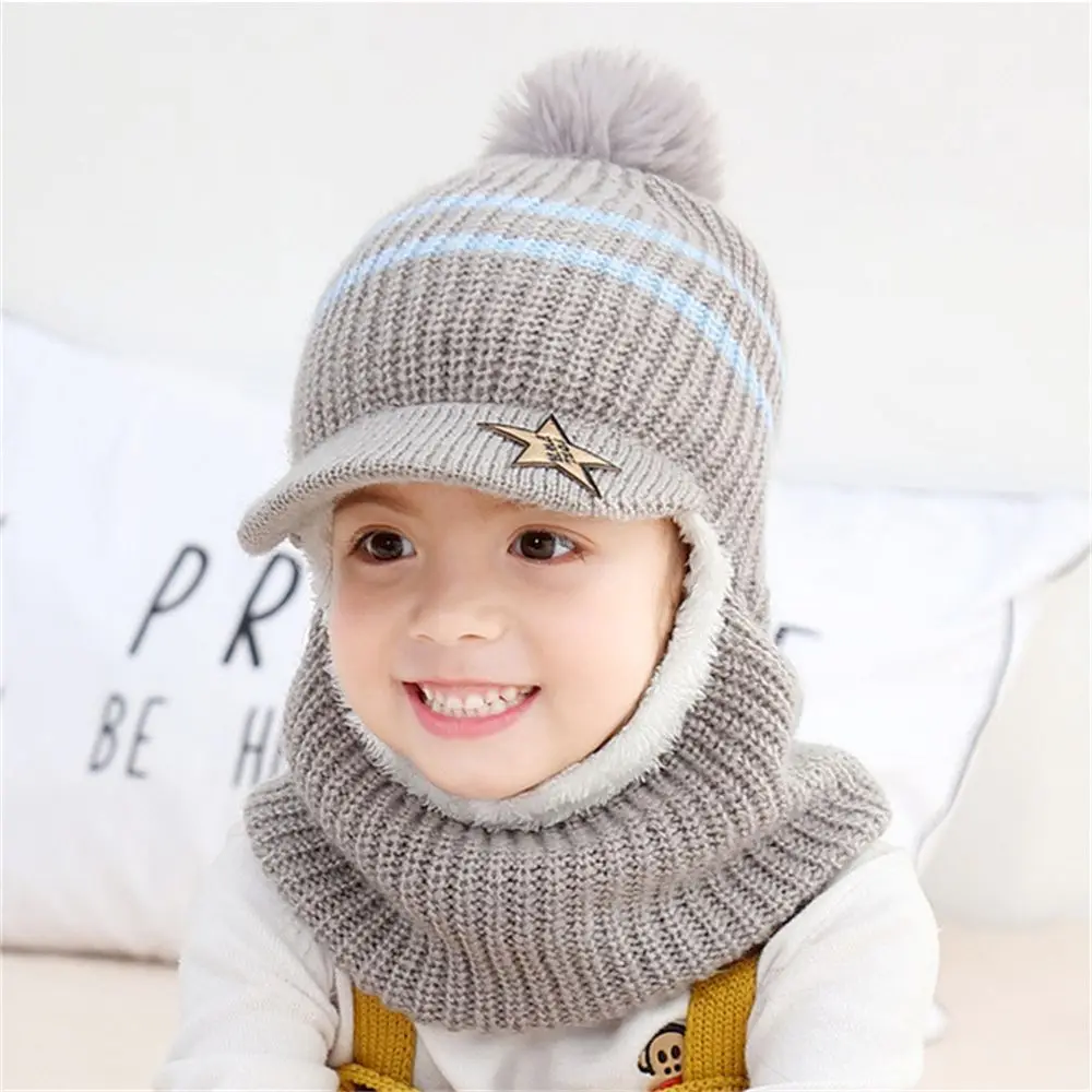 Winter Kids Plus Fleece Beanie Hats Thick Warm Knitted Balaclava Cap For Child Outdoor Girls Boys Face Cover Hairball Bib Mask