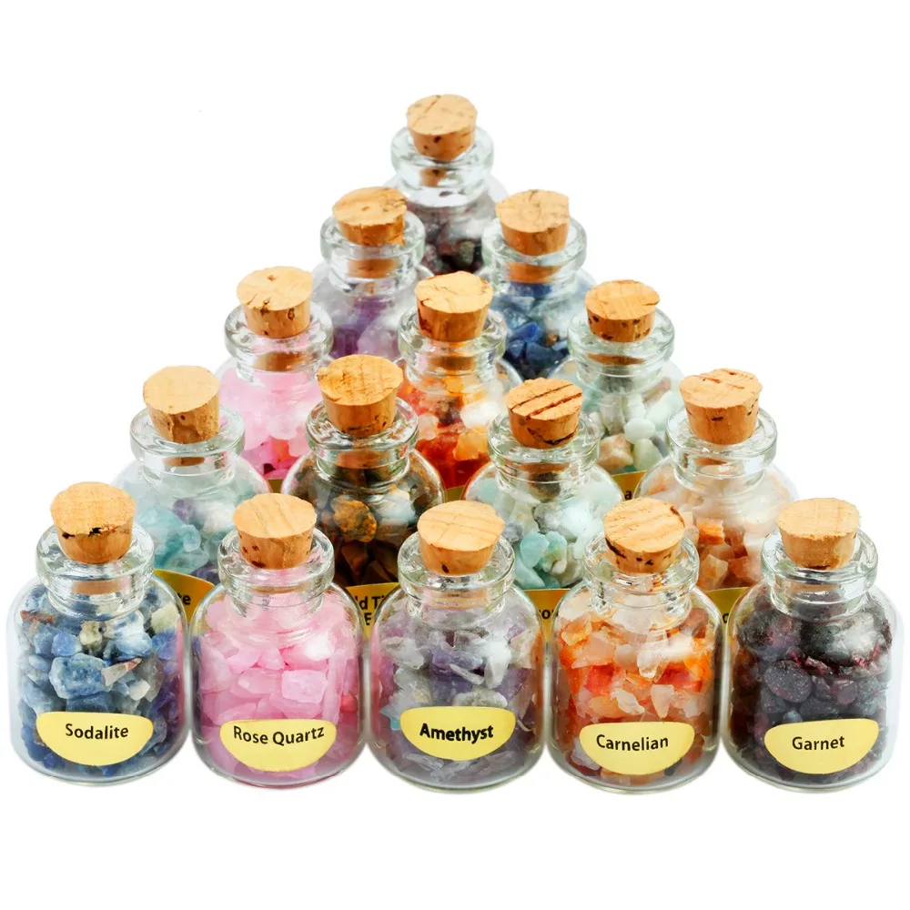 9 Mini Wish Bottles Rubble Chips Stone Healing Tumbled Reiki Wicca Chakra Crystal Set Home Jewelry Decoration