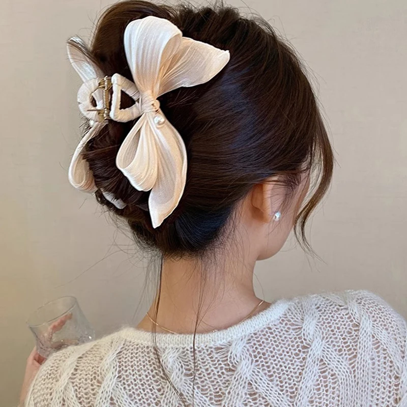 

Elegance Fashion Bowknot Hair Clip For Women Girls Simple Pearl Hair Claw Large Hairpin Shark Clip Hair Accessories Gifts