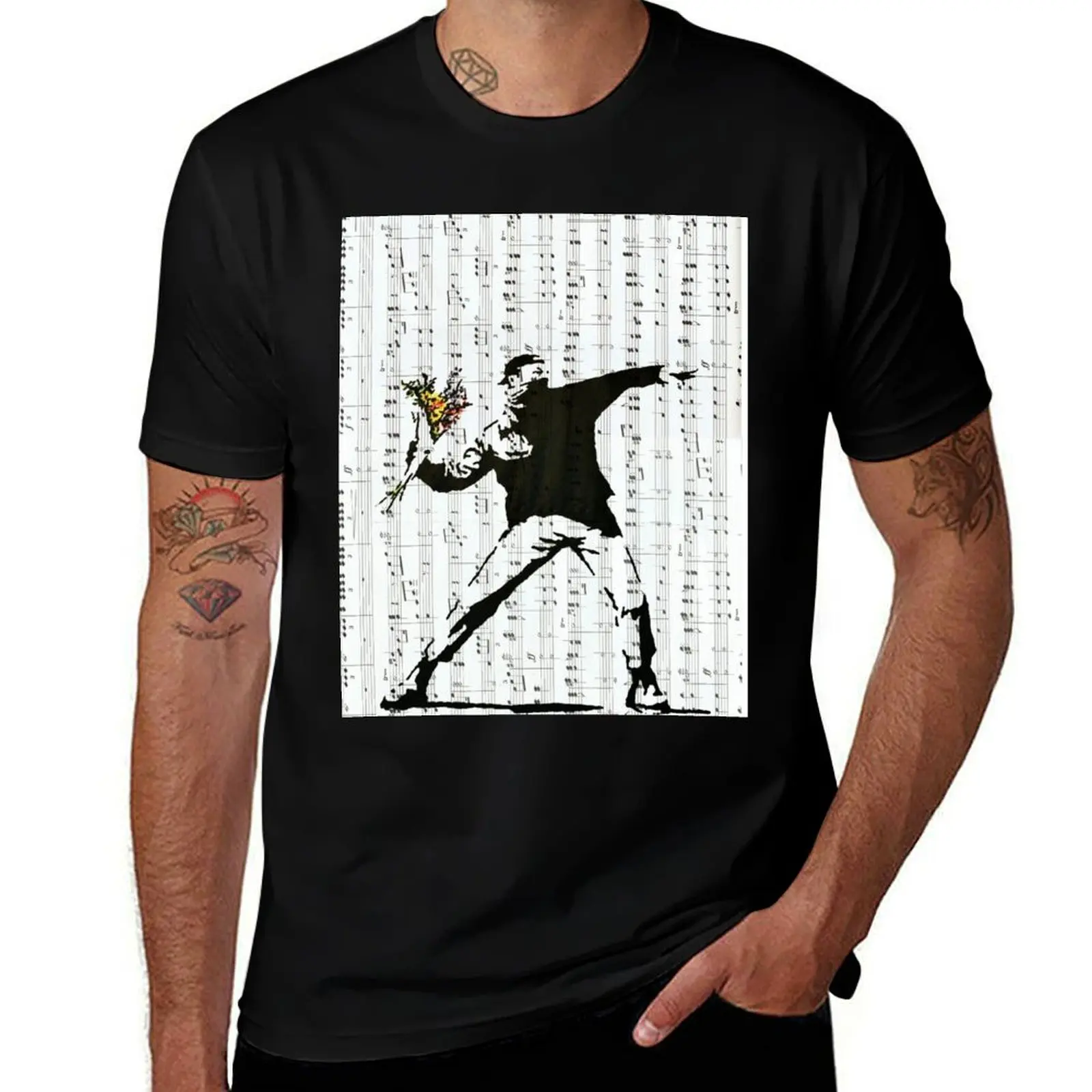Rage - The Flower Thrower by Banksy, Street Art Work T-Shirt man t shirt cotton high quality T-Shirt