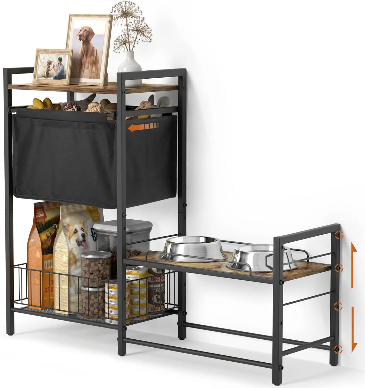 

Adjustable Dog Bowl Stand with Toy Bin, Raised Feeding Station for Large Medium Small Dogs