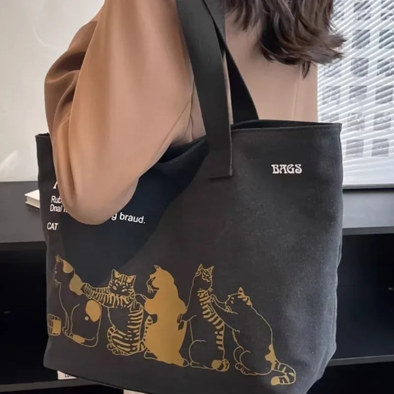 Geräumige Anime-Katzen-Canvas-Tragetasche für Damen mit Schriftzug-Druck, lässige Schultertasche für den Alltag, tragbare Handtasche für Mädchen – Detail 1