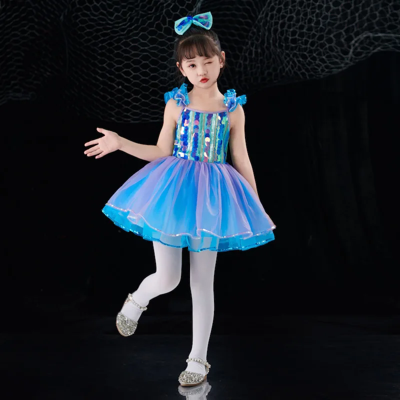 Vestido Tutu Hip-Hop infantil com lantejoulas coloridas, roupas de dança latina, saia com chapéu, terno para meninas do festival de música de salão