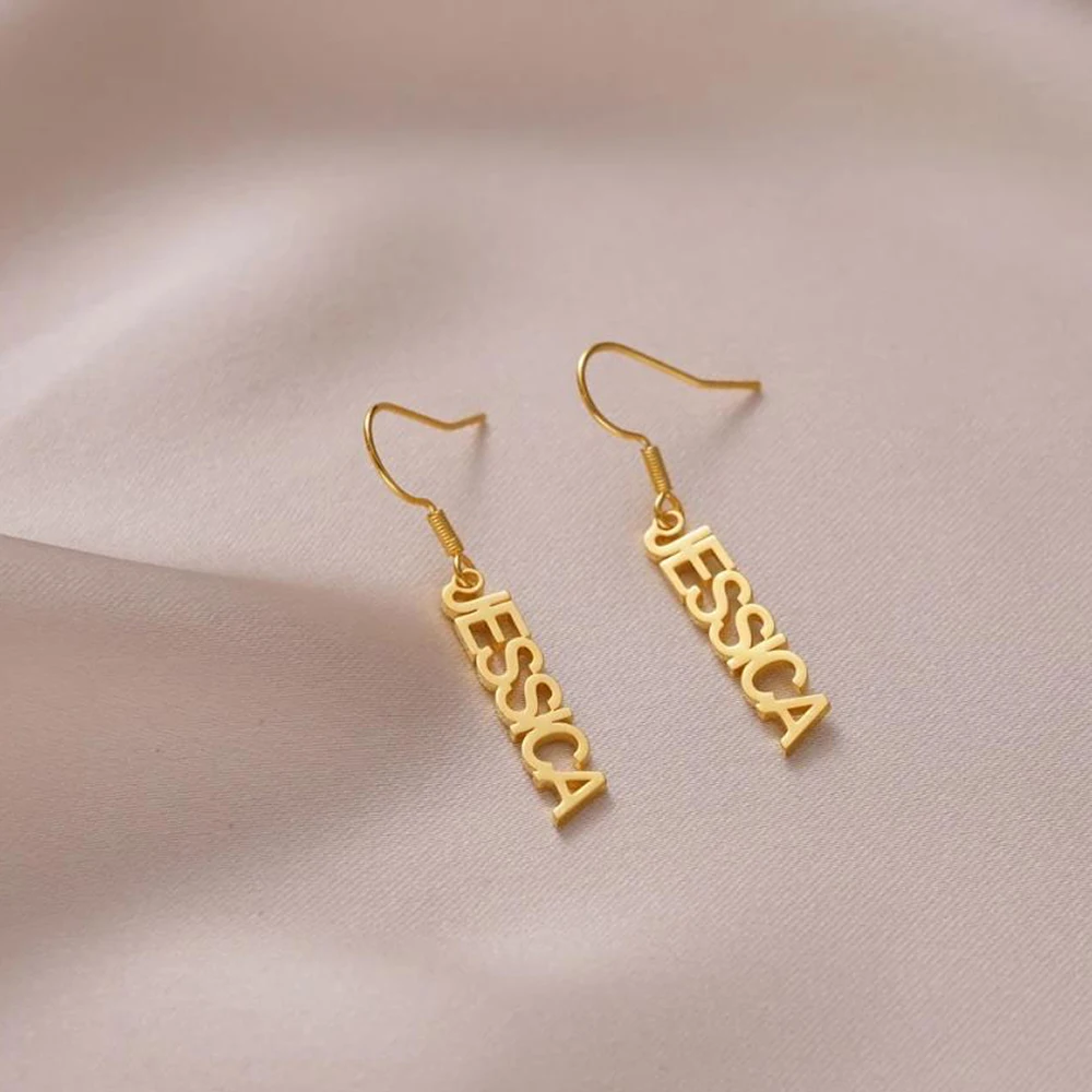 Boucles d\'oreilles en acier inoxydable pour femmes, personnalisé, diverses polices nationales, nom, bijoux à la mode, cadeau pour amoureux