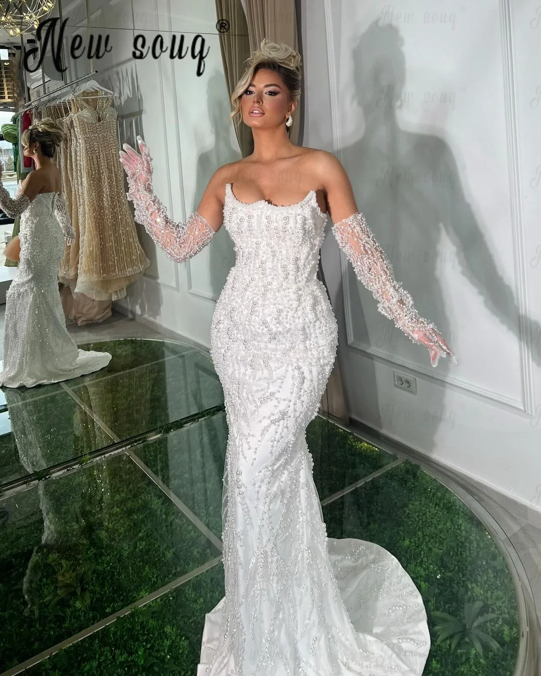 Vestidos de Noche largos con cuello barco y perlas de sirena blancas, vestidos de fiesta de celebridades con lentejuelas, vestidos de boda elegantes de Dubái para novia 2024 ﻿