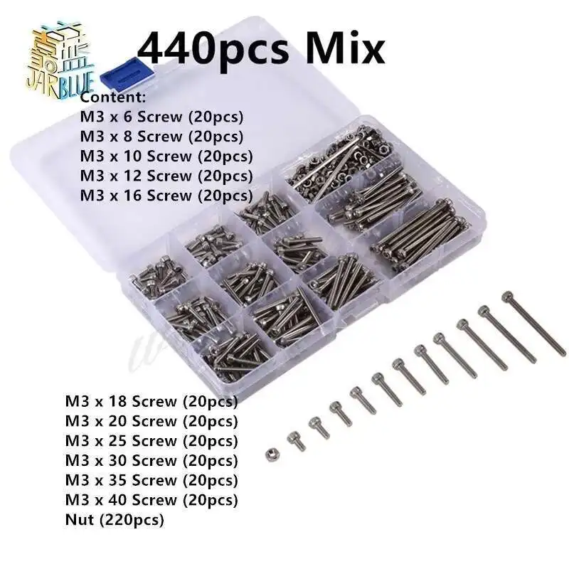 440pcs M3 Steel Head Screws Bolts Nuts Hex Socket Head Cap and Nuts Assortment with 2 Hex Keys Hardware Tools