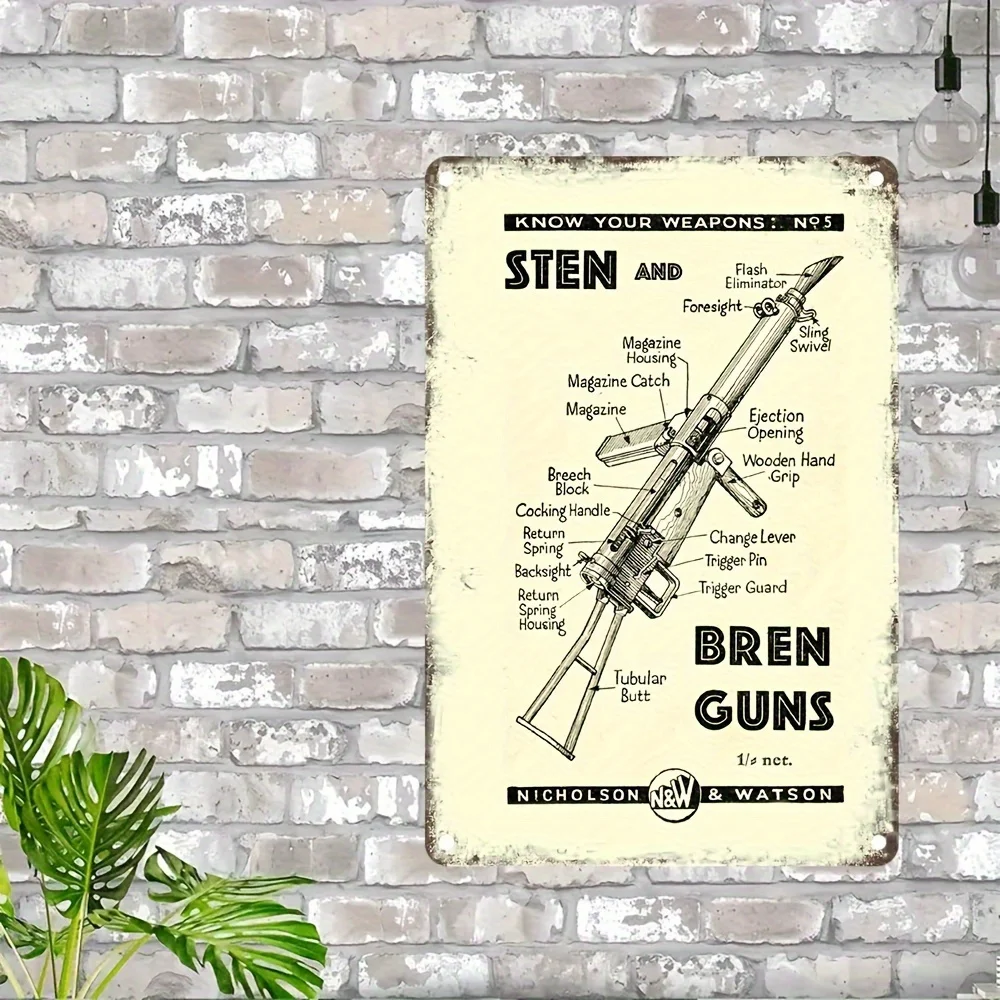 Letrero Decorativo de Pared de Aluminio con Diseño de Armas Sten y Bren de Estilo Vintage, Placa con Diagrama Militar Británico de la Segunda Guerra Mundial, Decoración Rústica para el Hogar o Garaje, B